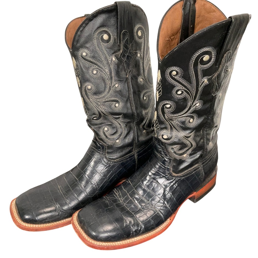 Ferrini Mens Boots 10.5EE Black Croc Embossed Square Toe Western Cowboy 10793-04